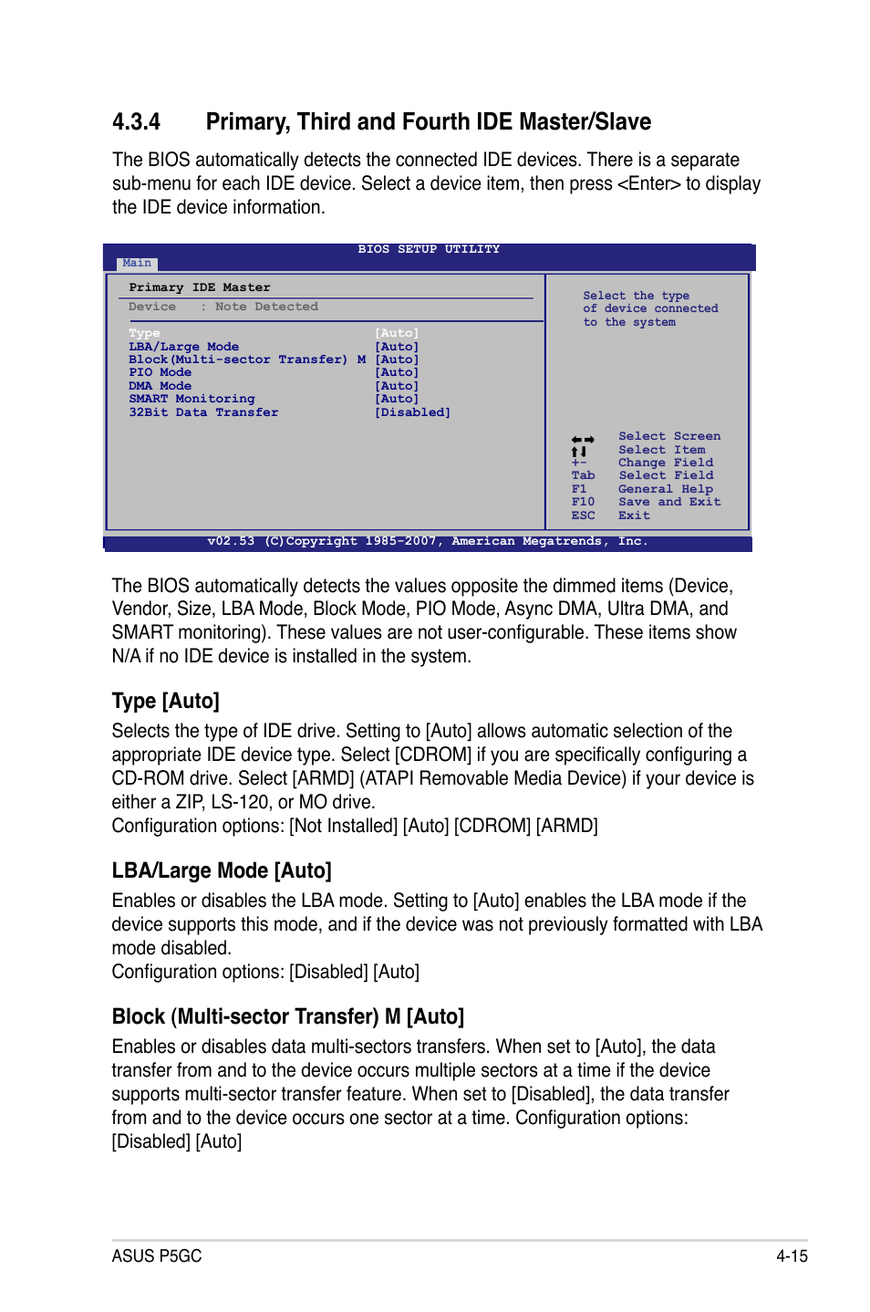Primary,.third.and.fourth.ide.master/slave, Type.[auto, Lba/large.mode.[auto | Block.(multi-sector.transfer).m.[auto | Asus P5GC User Manual | Page 73 / 110