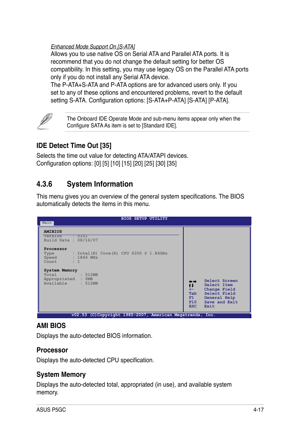 System.information, Ide.detect.time.out.[35, Ami.bios | Processor | Asus P5GC User Manual | Page 75 / 110