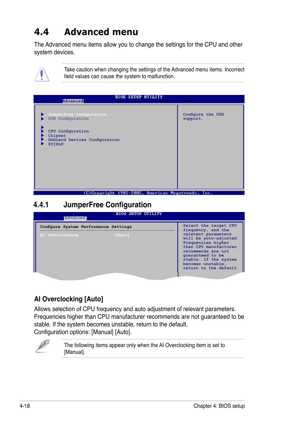 4 advanced menu, 1 jumperfree configuration, Ai.overclocking.[auto | Asus P5GC User Manual | Page 76 / 110