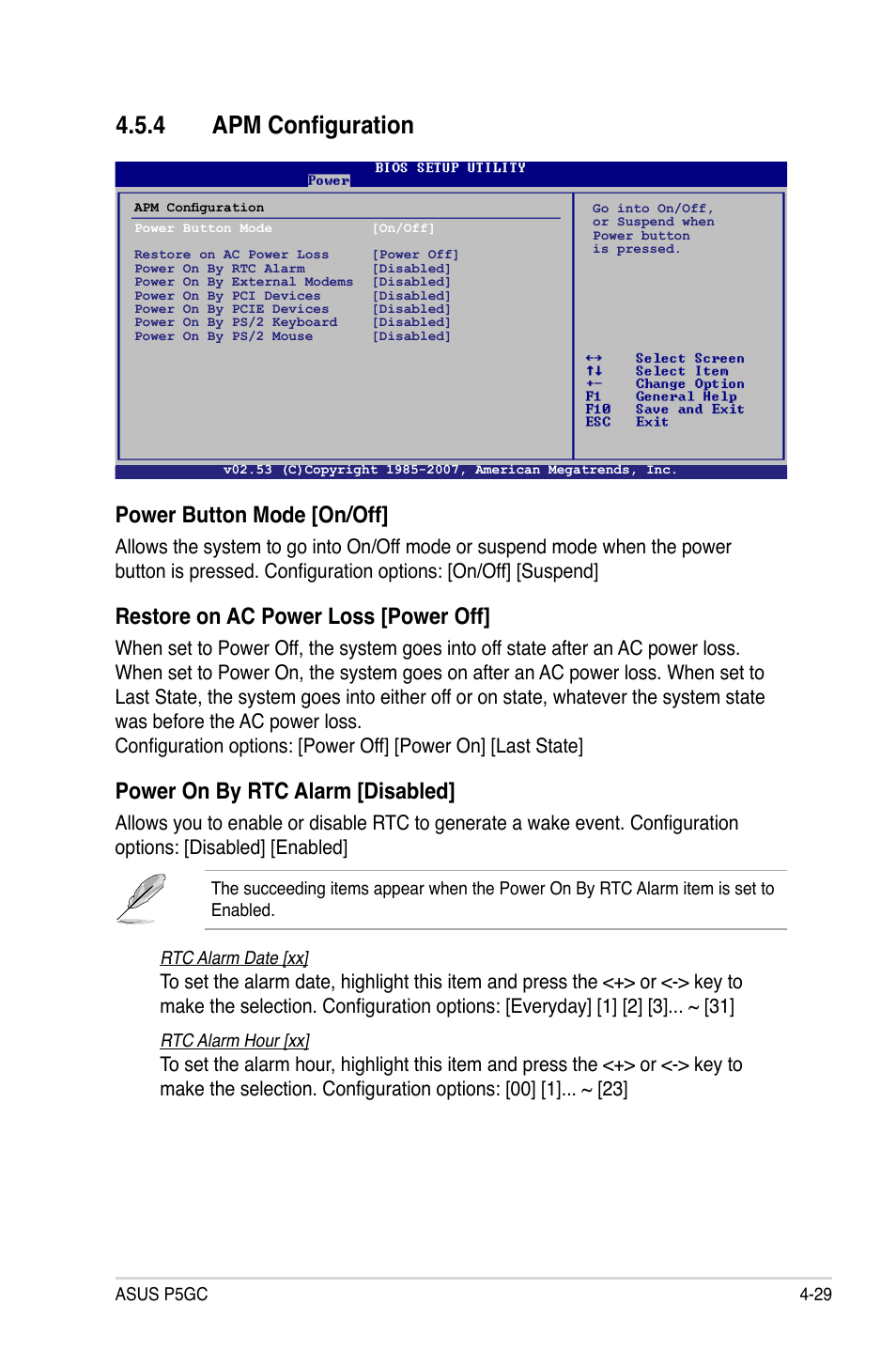 4 apm configuration, Power.button.mode.[on/off, Restore.on.ac.power.loss.[power.off | Power.on.by.rtc.alarm.[disabled | Asus P5GC User Manual | Page 87 / 110