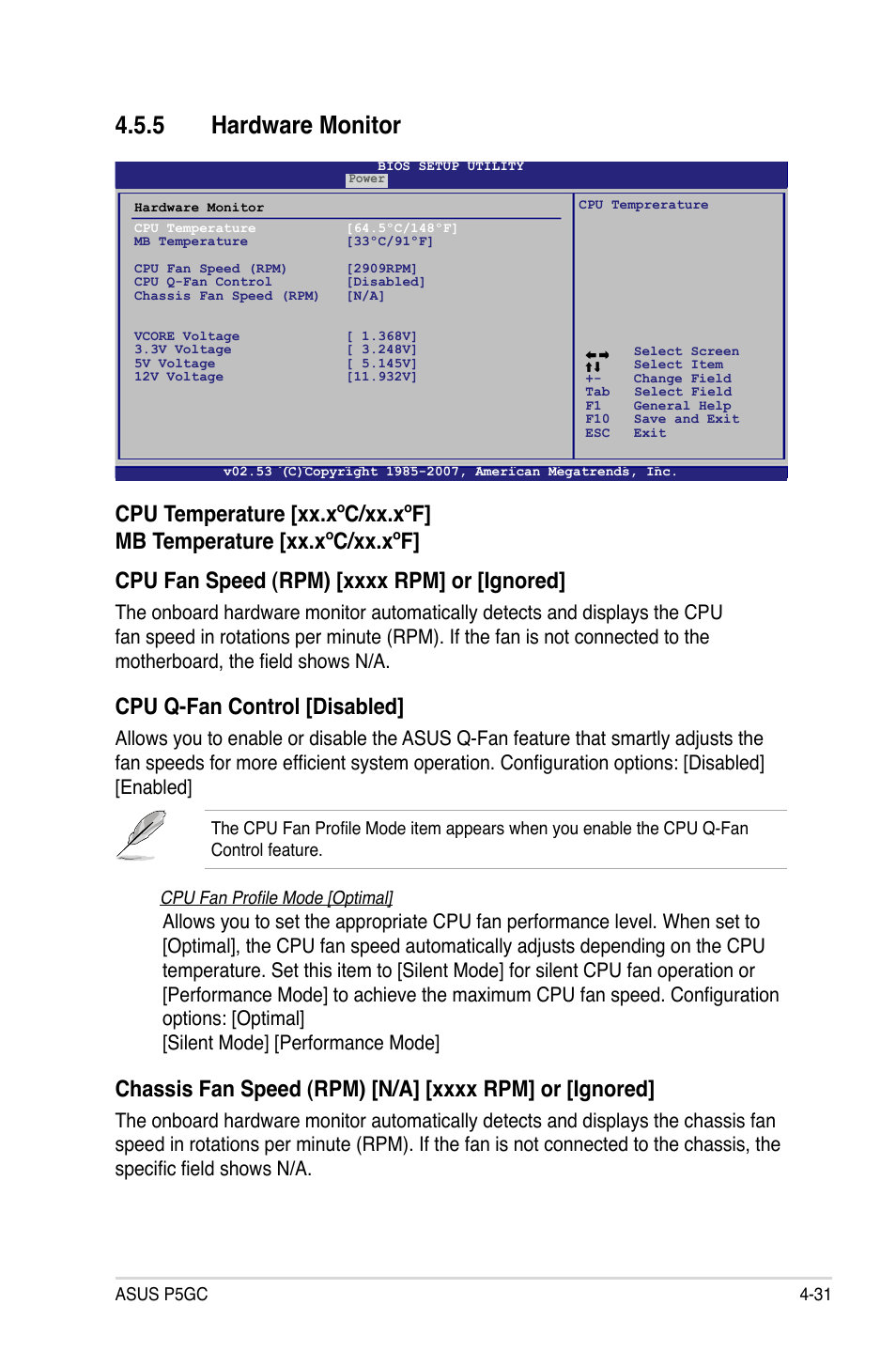 Hardware.monitor, Cpu.q-fan.control.[disabled | Asus P5GC User Manual | Page 89 / 110