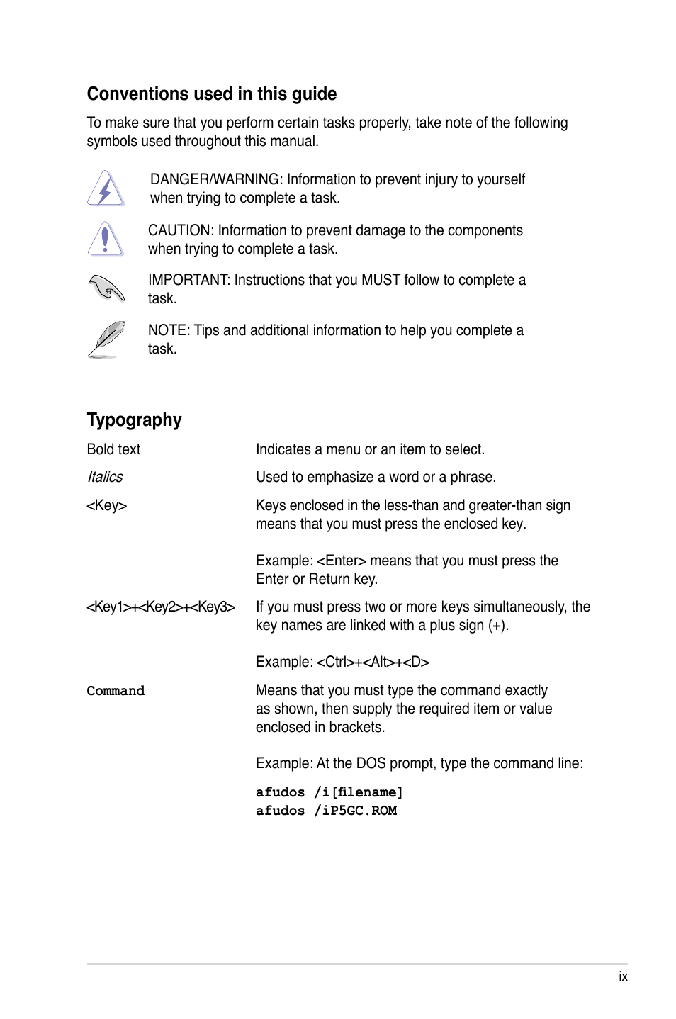 Typography | Asus P5GC User Manual | Page 9 / 110