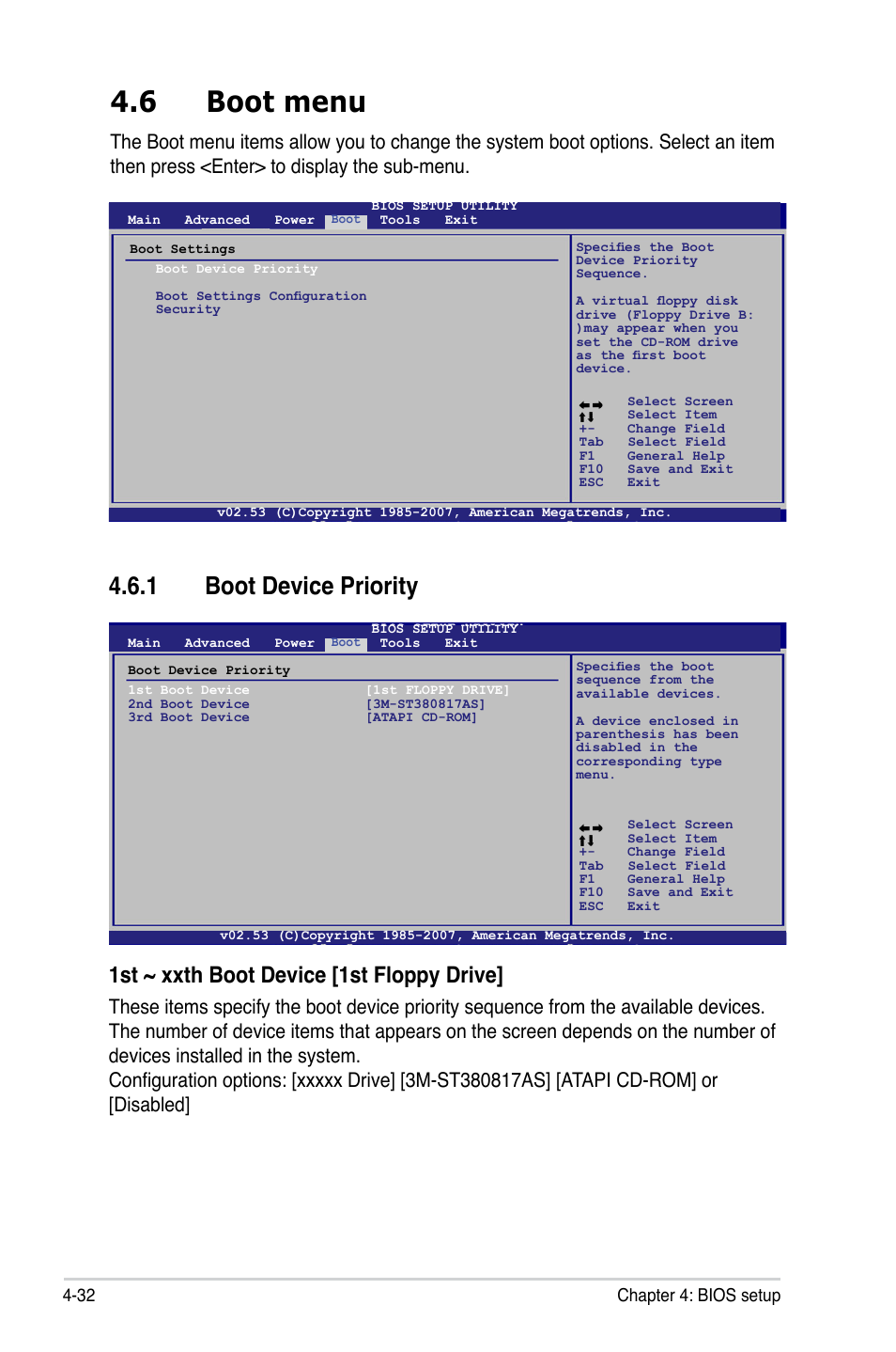 6 boot menu, Boot.device.priority, 1st.~.xxth.boot.device.[1st.floppy.drive | Asus P5GC User Manual | Page 90 / 110