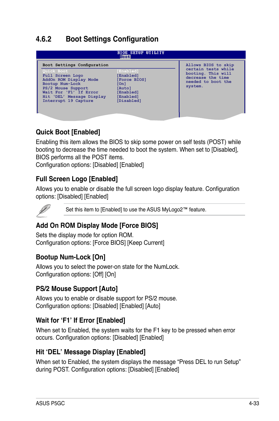 2 boot settings configuration, Quick.boot.[enabled, Full.screen.logo.[enabled | Add.on.rom.display.mode.[force.bios, Bootup.num-lock.[on, Ps/2.mouse.support.[auto, Wait.for.‘f1’.if.error.[enabled, Hit.‘del’.message.display.[enabled | Asus P5GC User Manual | Page 91 / 110