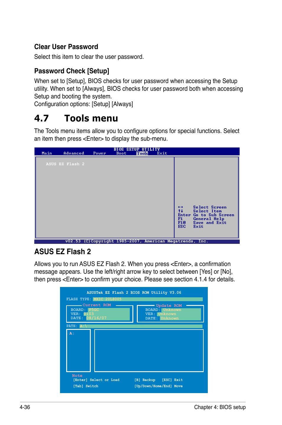 7 tools menu, Asus.ez.flash.2, Password.check.[setup | Select this item to clear the user password | Asus P5GC User Manual | Page 94 / 110