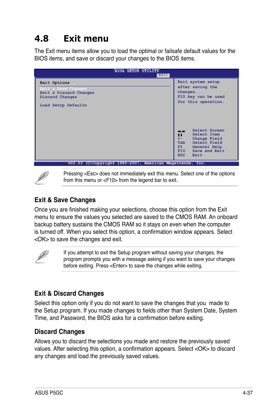 8 exit menu, Exit.&.discard.changes, Discard.changes | Exit.&.save.changes | Asus P5GC User Manual | Page 95 / 110