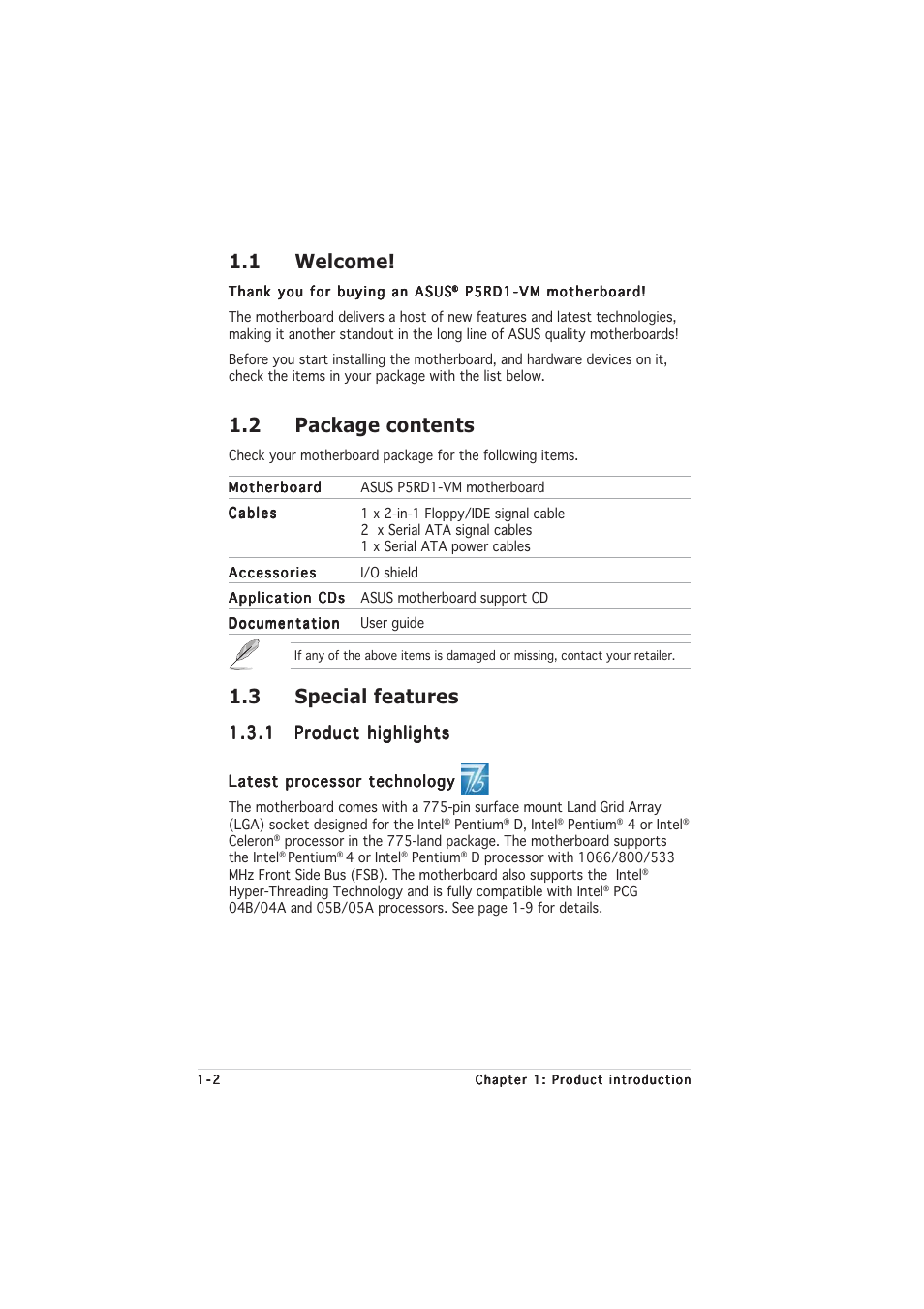 1 welcome, 2 package contents, 3 special features | Asus P5RD1-VM User Manual | Page 14 / 92