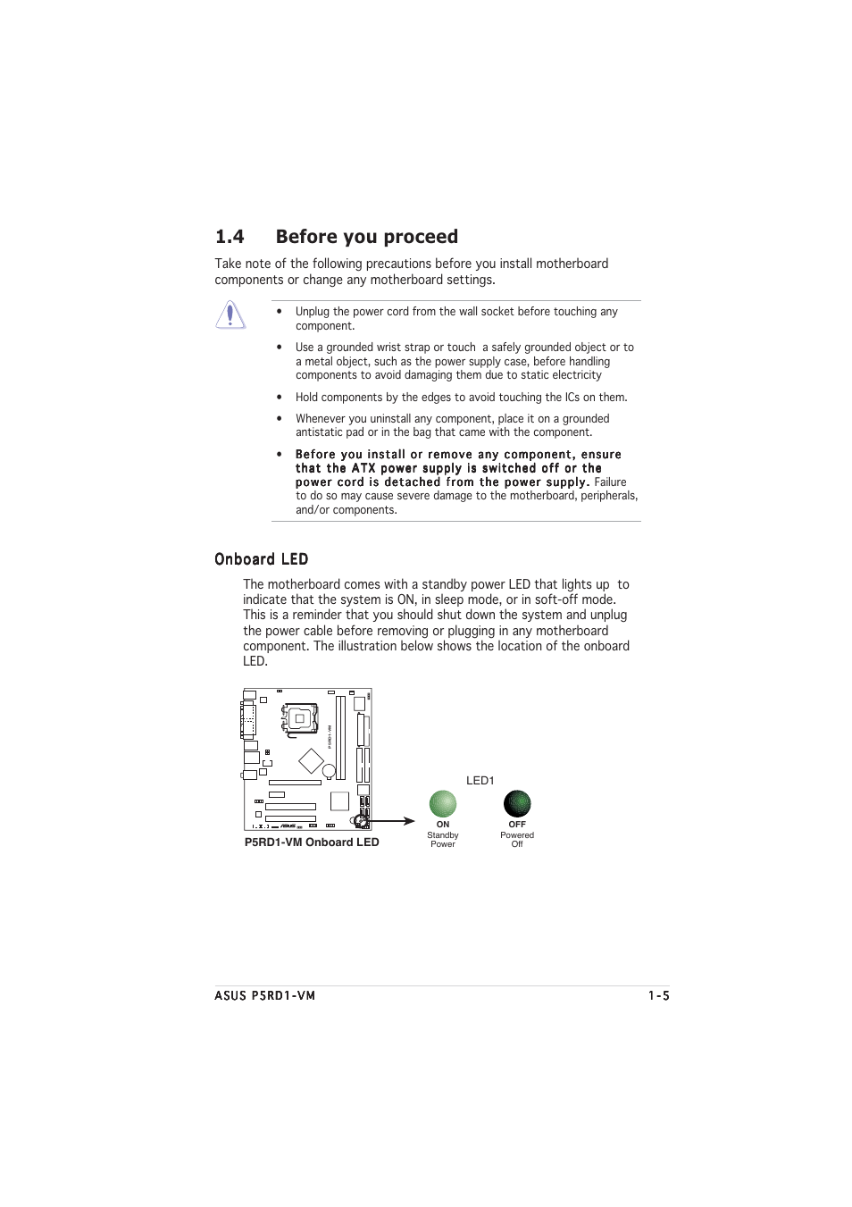 4 before you proceed, Onboard led | Asus P5RD1-VM User Manual | Page 17 / 92