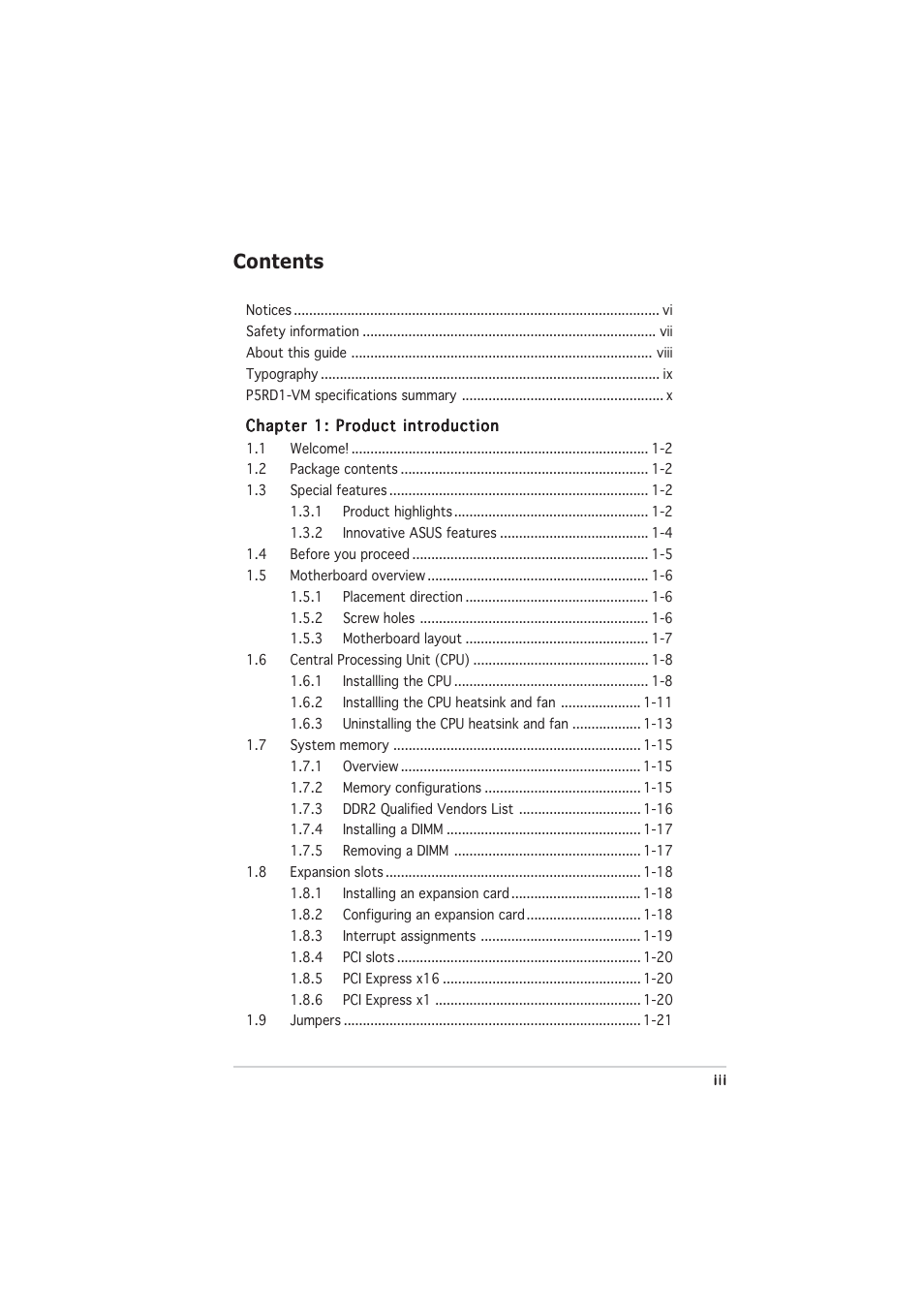 Asus P5RD1-VM User Manual | Page 3 / 92