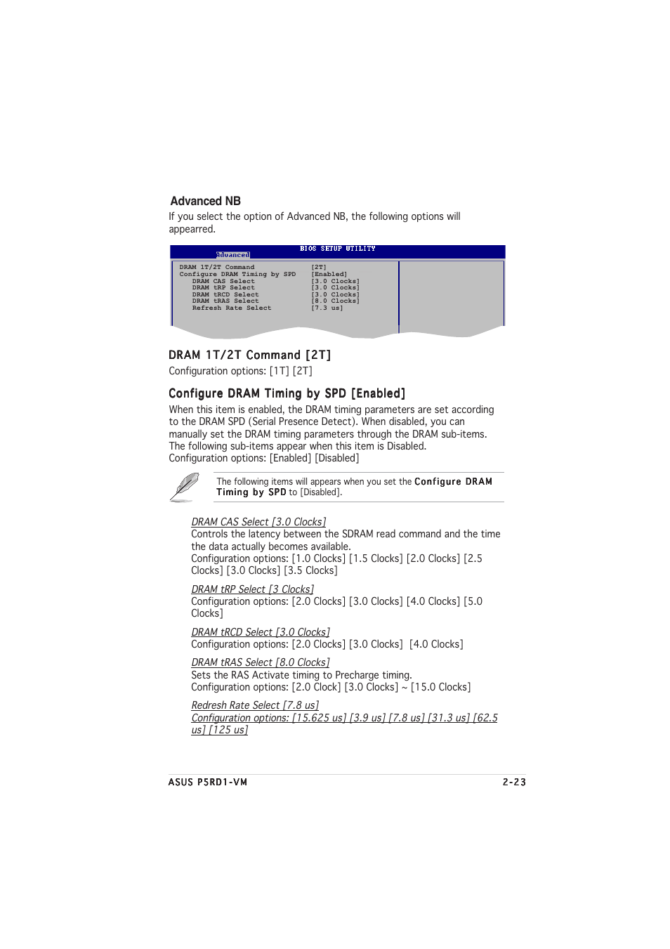 Advanced nb, Dram 1t/2t command [2t, Configure dram timing by spd [enabled | Asus P5RD1-VM User Manual | Page 69 / 92