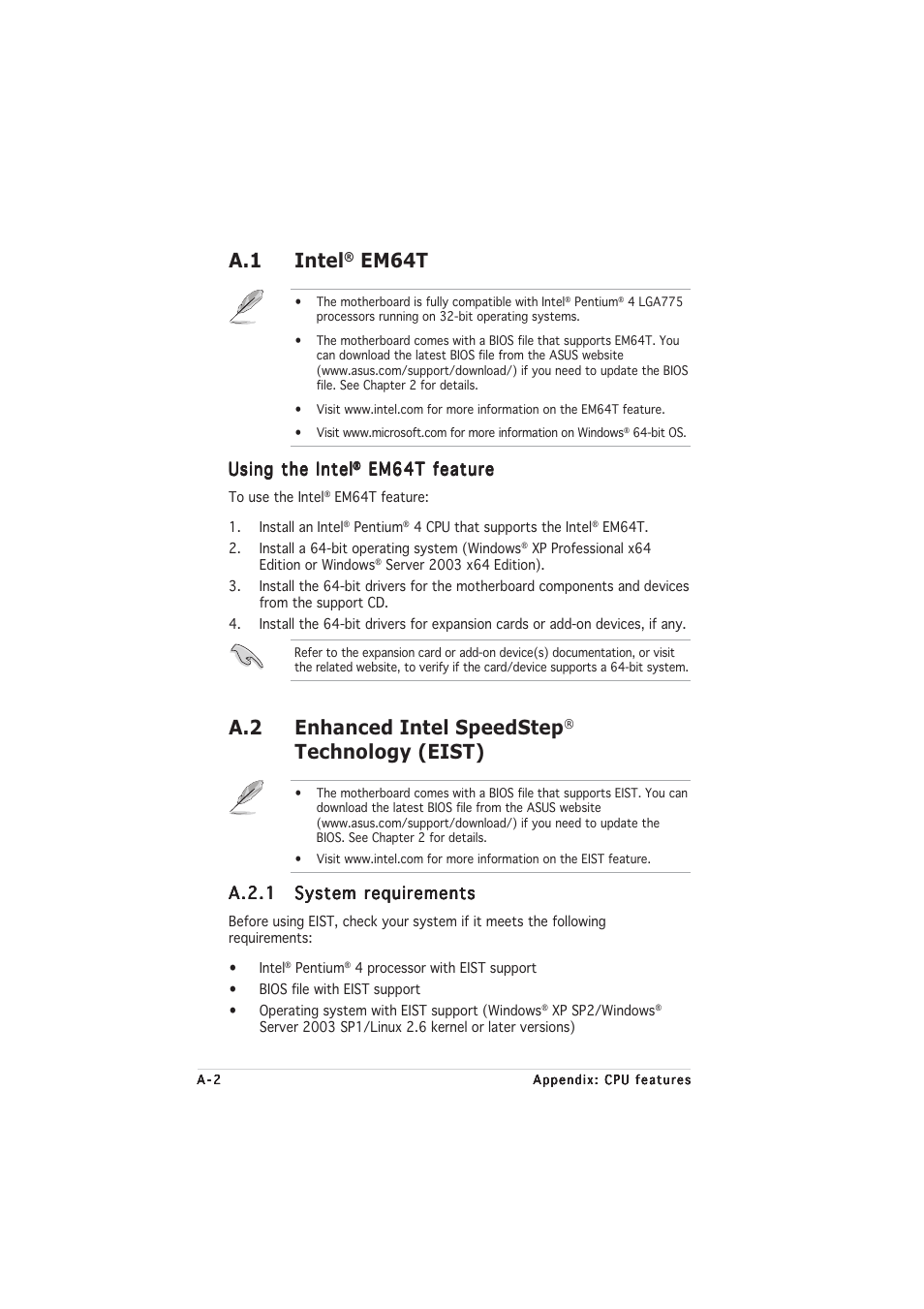 A.1 intel, Em64t, A.2 enhanced intel speedstep | Technology (eist), Using the intel, Em64t feature, A.2.1 | Asus P5RD1-VM User Manual | Page 90 / 92