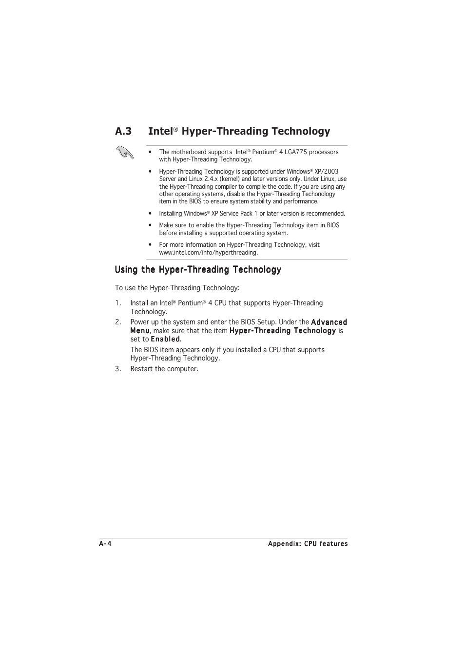 A.3 intel, Hyper-threading technology, Using the hyper-threading technology | Asus P5RD1-VM User Manual | Page 92 / 92