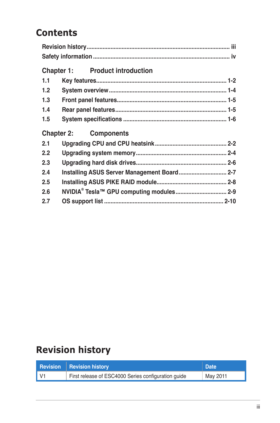 Revision history, Contents revision history | Asus ESC4000/IB User Manual | Page 3 / 22