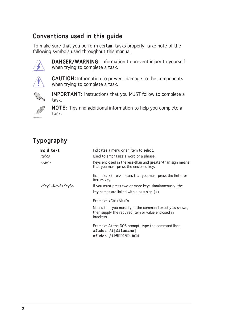 Conventions used in this guide, Typography | Asus P5RD1-V Deluxe User Manual | Page 10 / 162