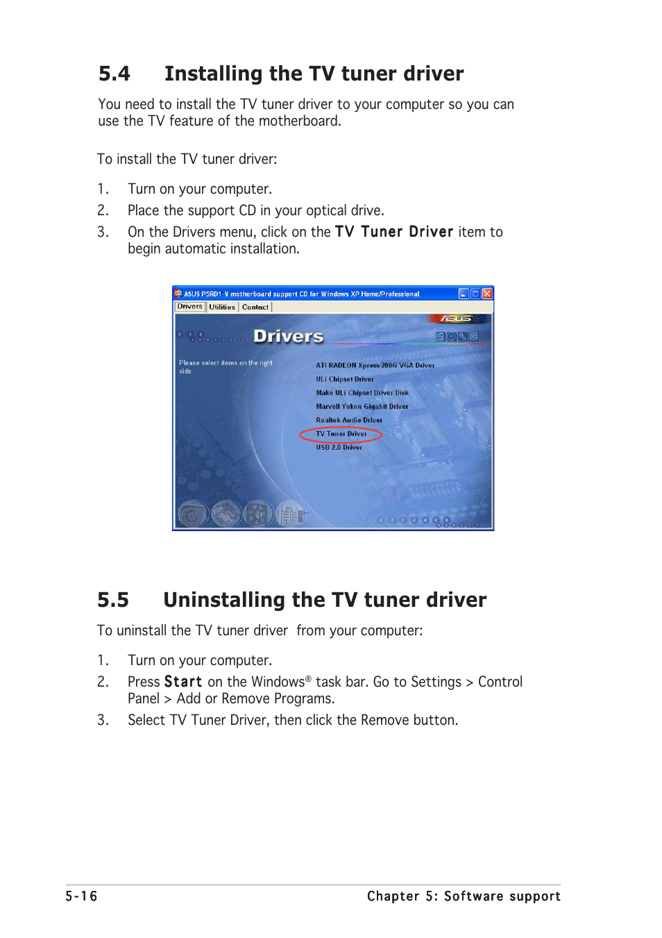 5 uninstalling the tv tuner driver, 4 installing the tv tuner driver | Asus P5RD1-V Deluxe User Manual | Page 126 / 162