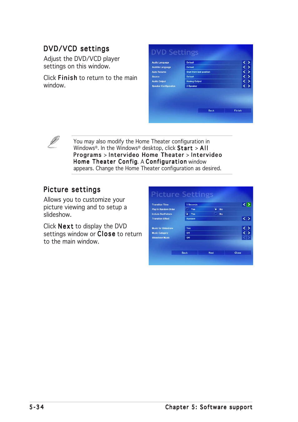 Picture settings, Dvd/vcd settings | Asus P5RD1-V Deluxe User Manual | Page 144 / 162