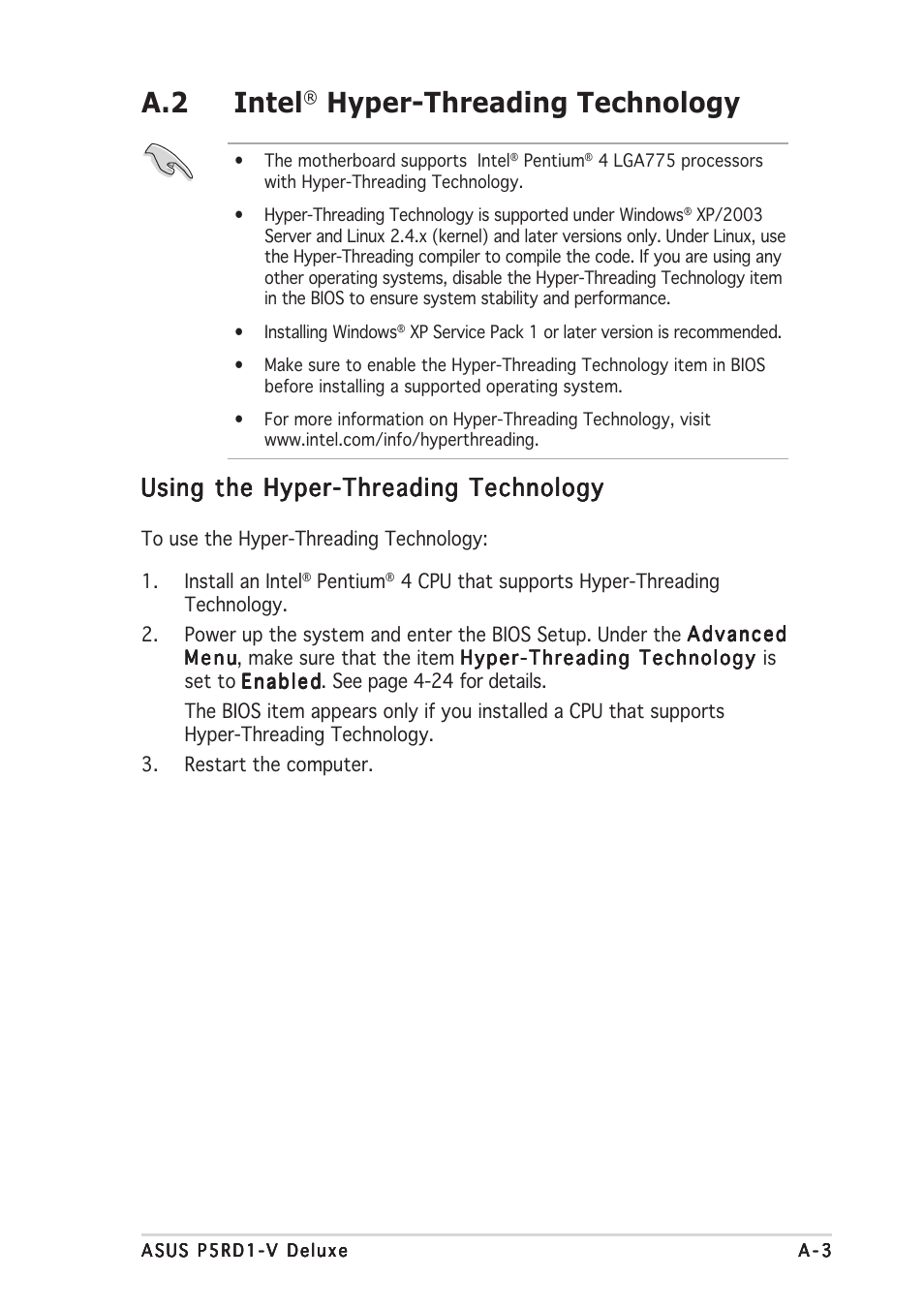 A.2 intel, Hyper-threading technology, Using the hyper-threading technology | Asus P5RD1-V Deluxe User Manual | Page 157 / 162