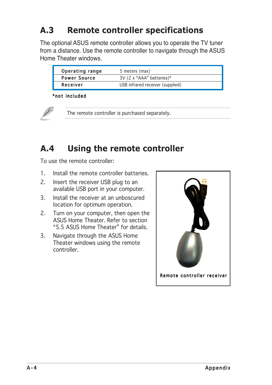 A.3 remote controller specifications, A.4 using the remote controller | Asus P5RD1-V Deluxe User Manual | Page 158 / 162