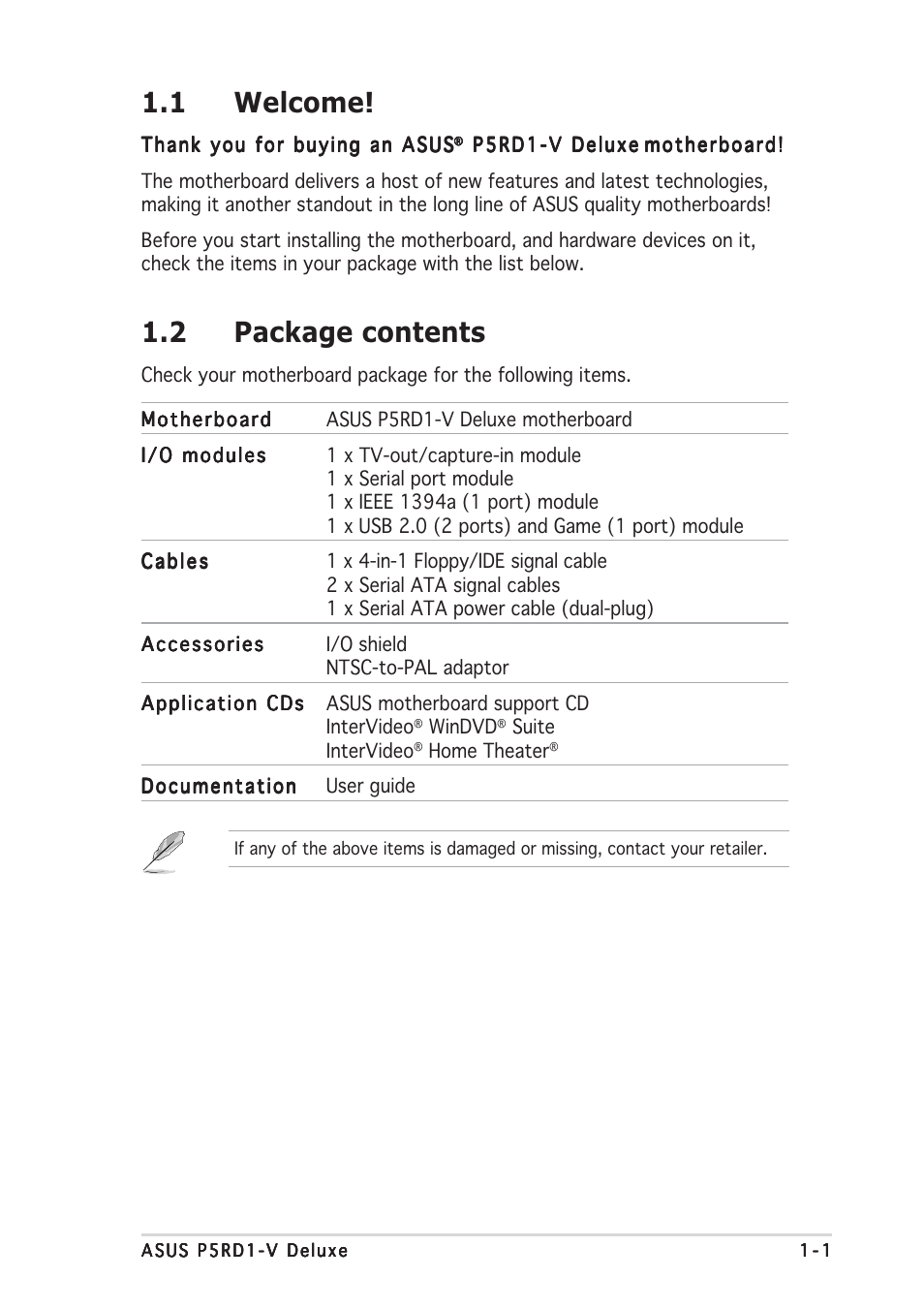 1 welcome, 2 package contents | Asus P5RD1-V Deluxe User Manual | Page 17 / 162