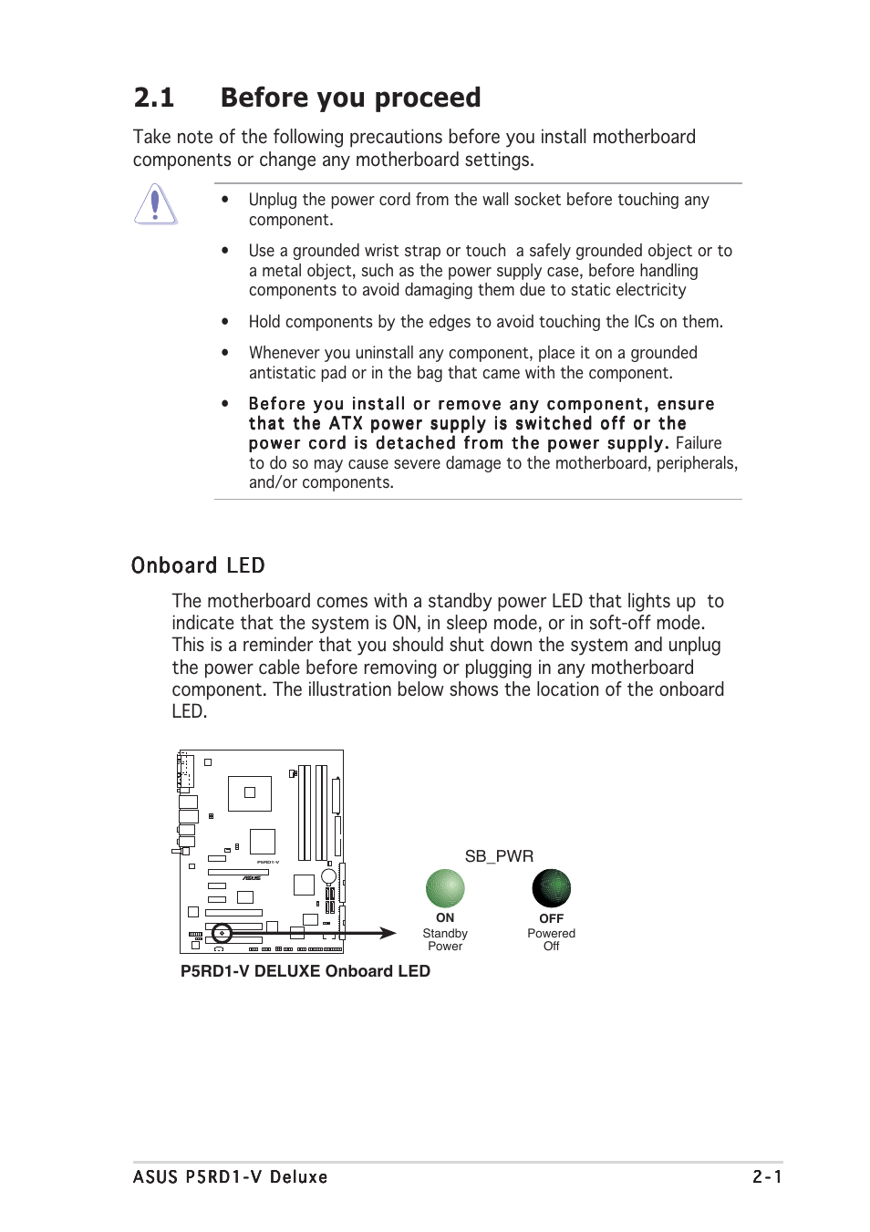 1 before you proceed, Onboard led | Asus P5RD1-V Deluxe User Manual | Page 25 / 162