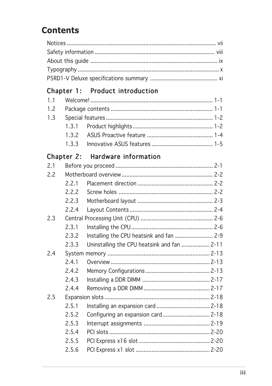 Asus P5RD1-V Deluxe User Manual | Page 3 / 162