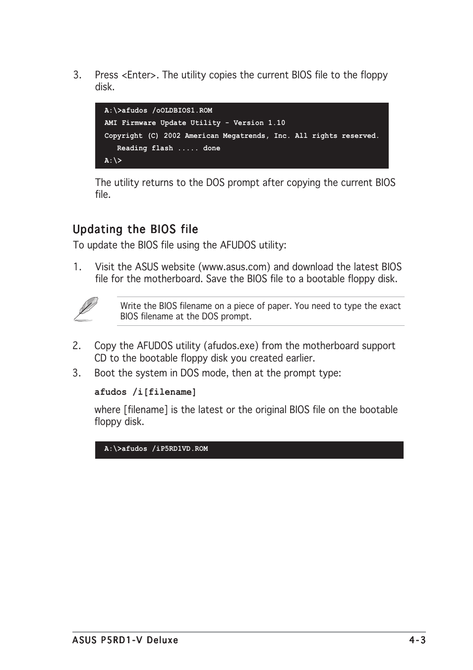 Updating the bios file | Asus P5RD1-V Deluxe User Manual | Page 69 / 162