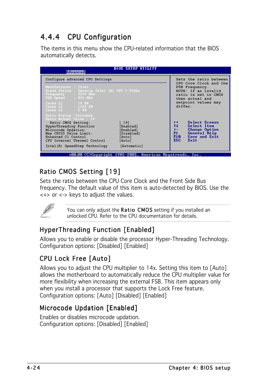 Ratio cmos setting [19, Hyperthreading function [enabled, Cpu lock free [auto | Microcode updation [enabled | Asus P5RD1-V Deluxe User Manual | Page 90 / 162