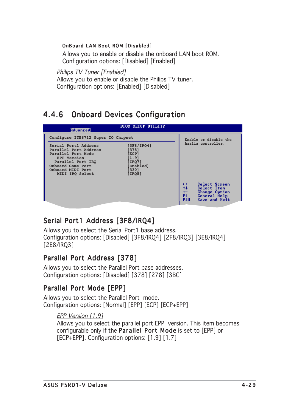 Serial port1 address [3f8/irq4, Parallel port address [378, Parallel port mode [epp | Asus P5RD1-V Deluxe User Manual | Page 95 / 162