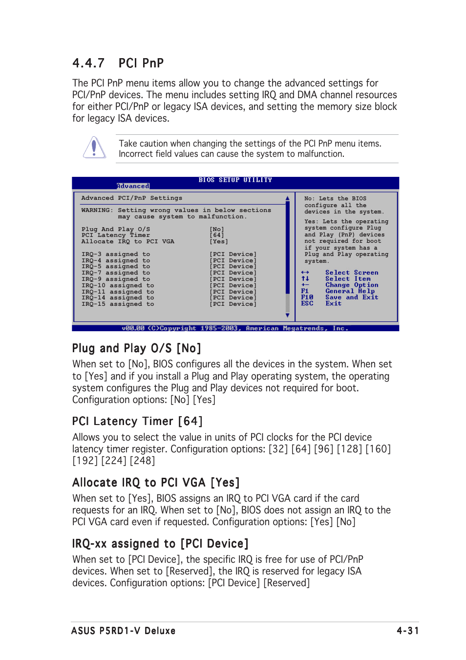 7 pci pnp pci pnp pci pnp pci pnp pci pnp, Plug and play o/s [no, Pci latency timer [64 | Allocate irq to pci vga [yes, Irq-xx assigned to [pci device | Asus P5RD1-V Deluxe User Manual | Page 97 / 162