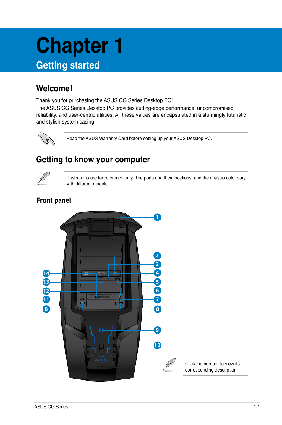 Chapter 1, Getting started, Welcome | Getting to know your computer, Welcome! -1 getting to know your computer -1 | Asus CG8490 User Manual | Page 11 / 356