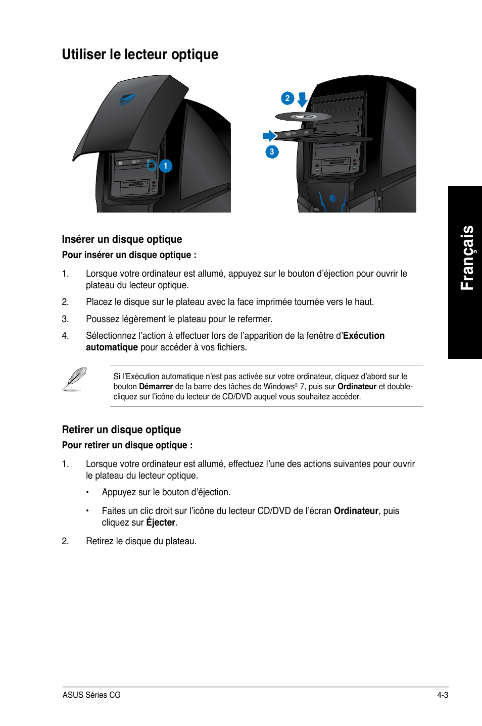 Utiliser le lecteur optique, Utiliser le lecteur optique -3, Fra nç ais fr an ça is | Asus CG8490 User Manual | Page 117 / 356