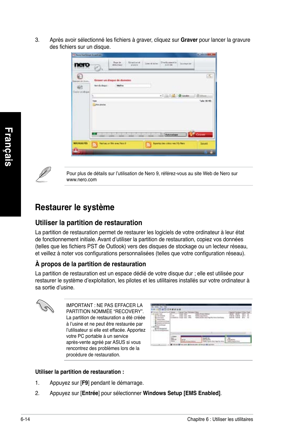 Restaurer le système, Restaurer le système -14, Fra nç ais fr an ça is fra nç ais fr an ça is | Asus CG8490 User Manual | Page 134 / 356