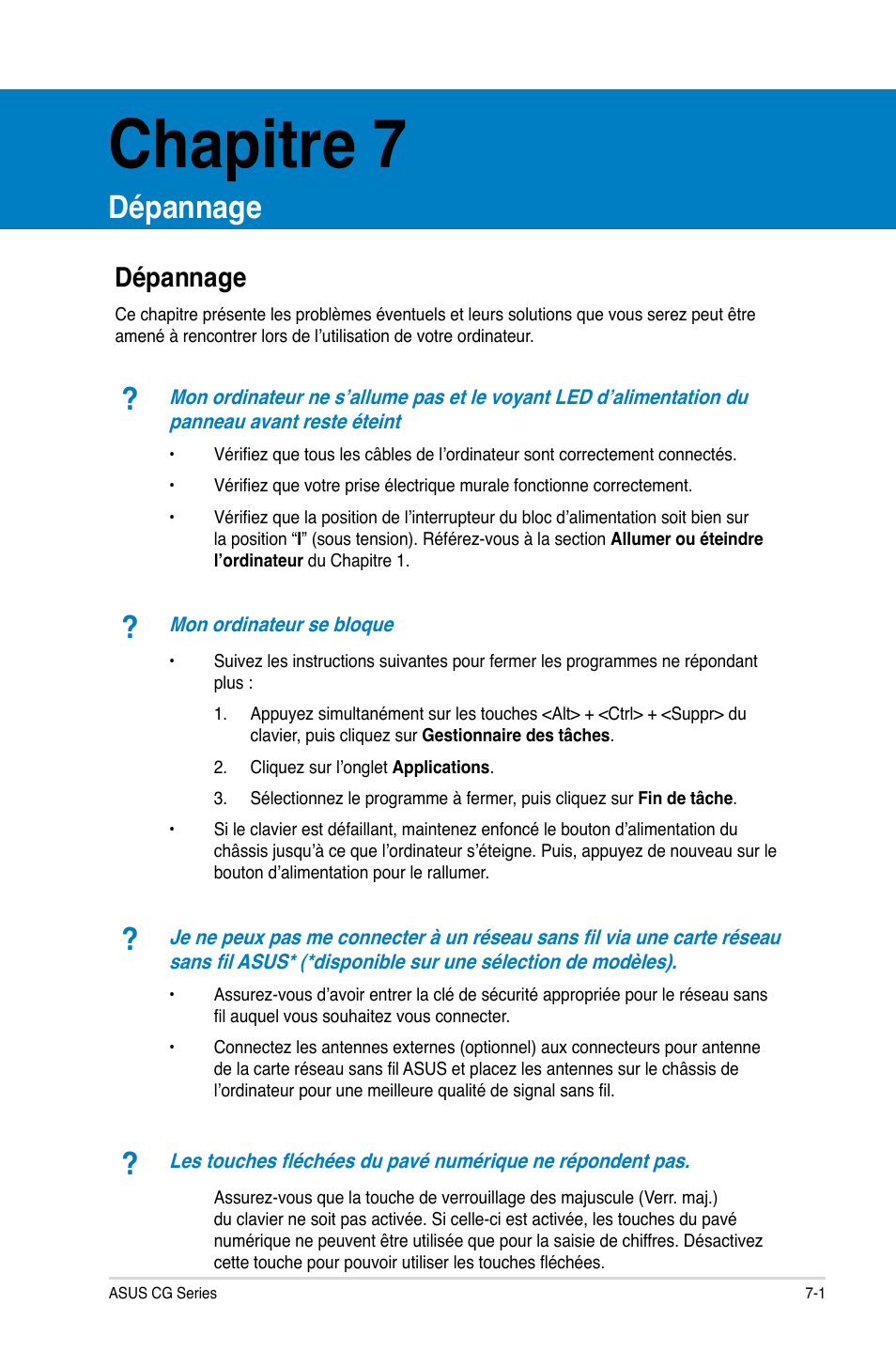 Chapitre 7, Dépannage, Dépannage -1 | Asus CG8490 User Manual | Page 137 / 356