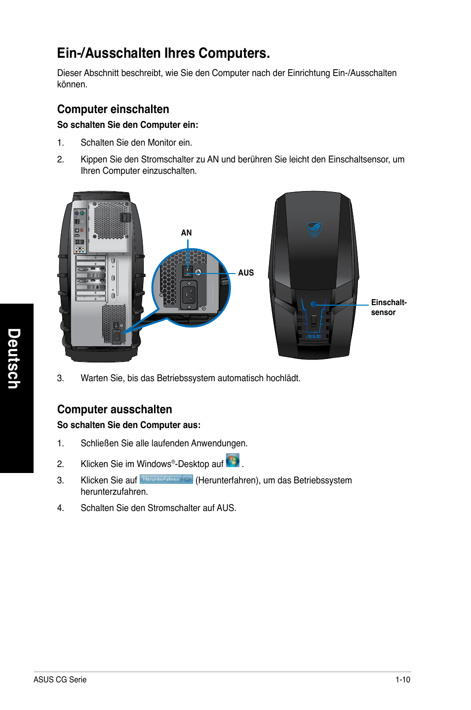 Ein-/ausschalten ihres computers, Ein-/ausschalten ihres computers -10, De uts ch de ut sc h | Asus CG8490 User Manual | Page 164 / 356