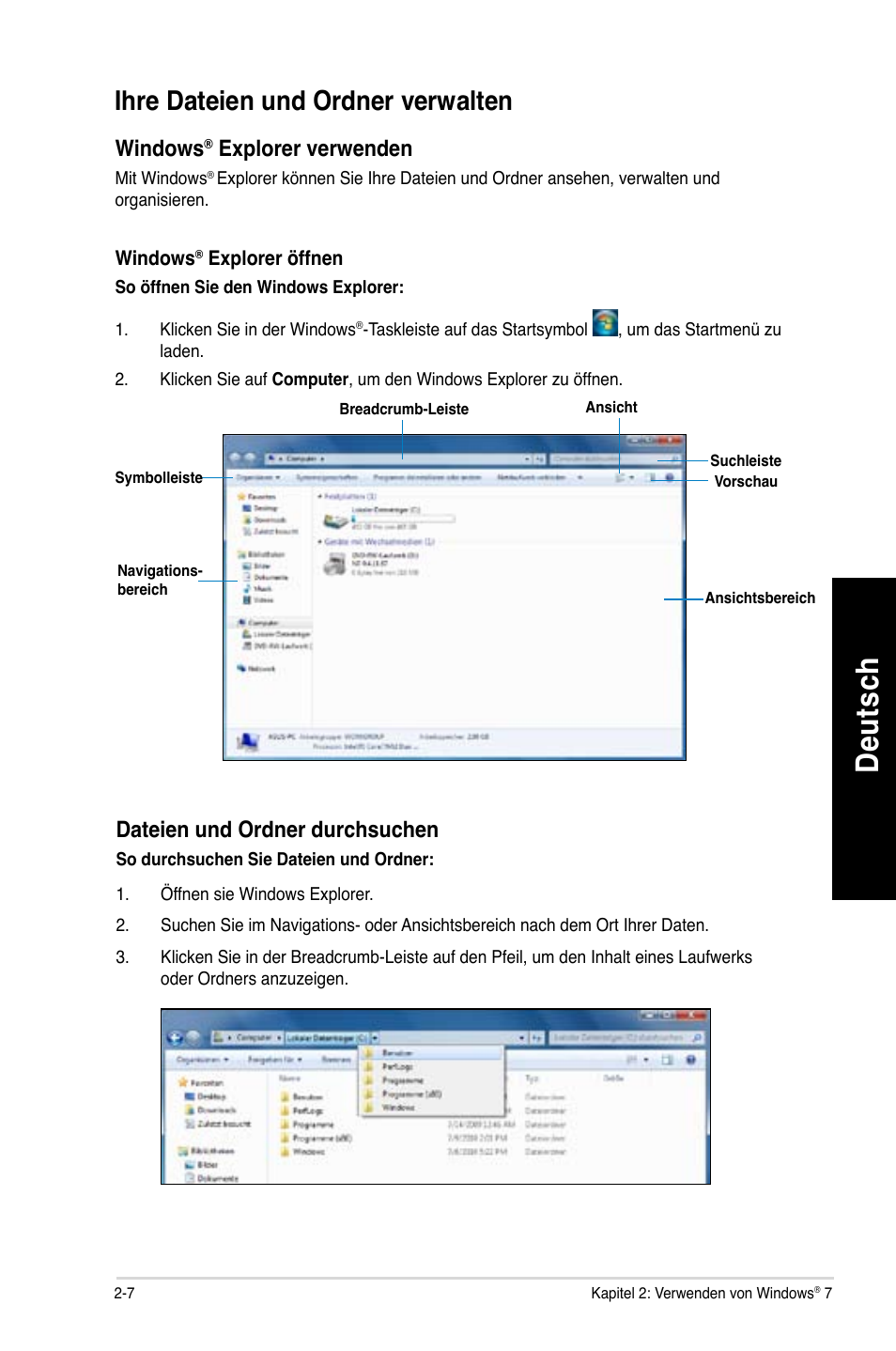 Ihre dateien und ordner verwalten, Ihre dateien und ordner verwalten -7, De uts ch de ut sc h de uts ch de ut sc h | Asus CG8490 User Manual | Page 171 / 356