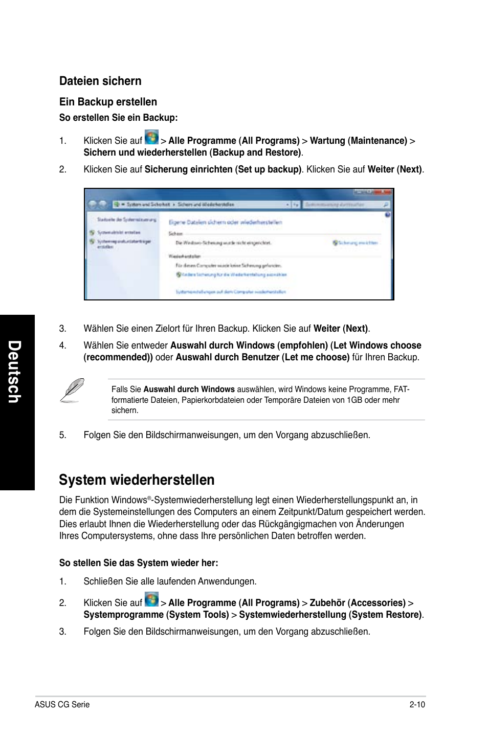 System wiederherstellen, System wiederherstellen -10, De uts ch de ut sc h de uts ch de ut sc h | Asus CG8490 User Manual | Page 174 / 356