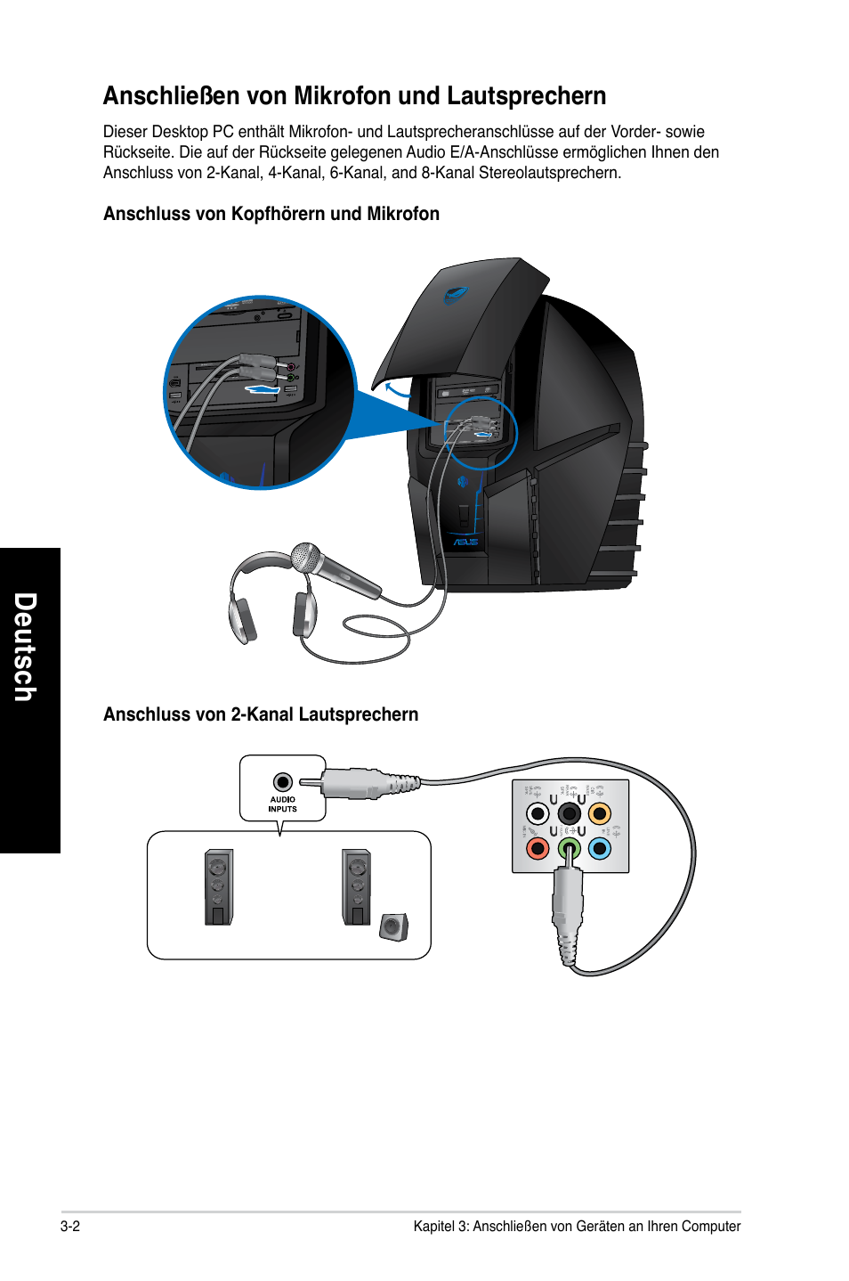 Anschließen von mikrofon und lautsprechern, Anschließen von mikrofon und lautsprechern -2, De uts ch de ut sc h de uts ch de ut sc h | Asus CG8490 User Manual | Page 182 / 356