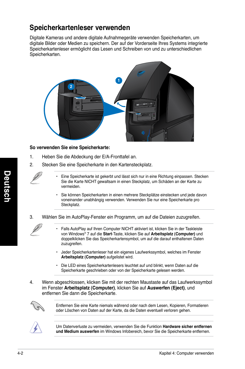 Speicherkartenleser verwenden, Speicherkartenleser verwenden -2, De uts ch de ut sc h de uts ch de ut sc h | Asus CG8490 User Manual | Page 188 / 356