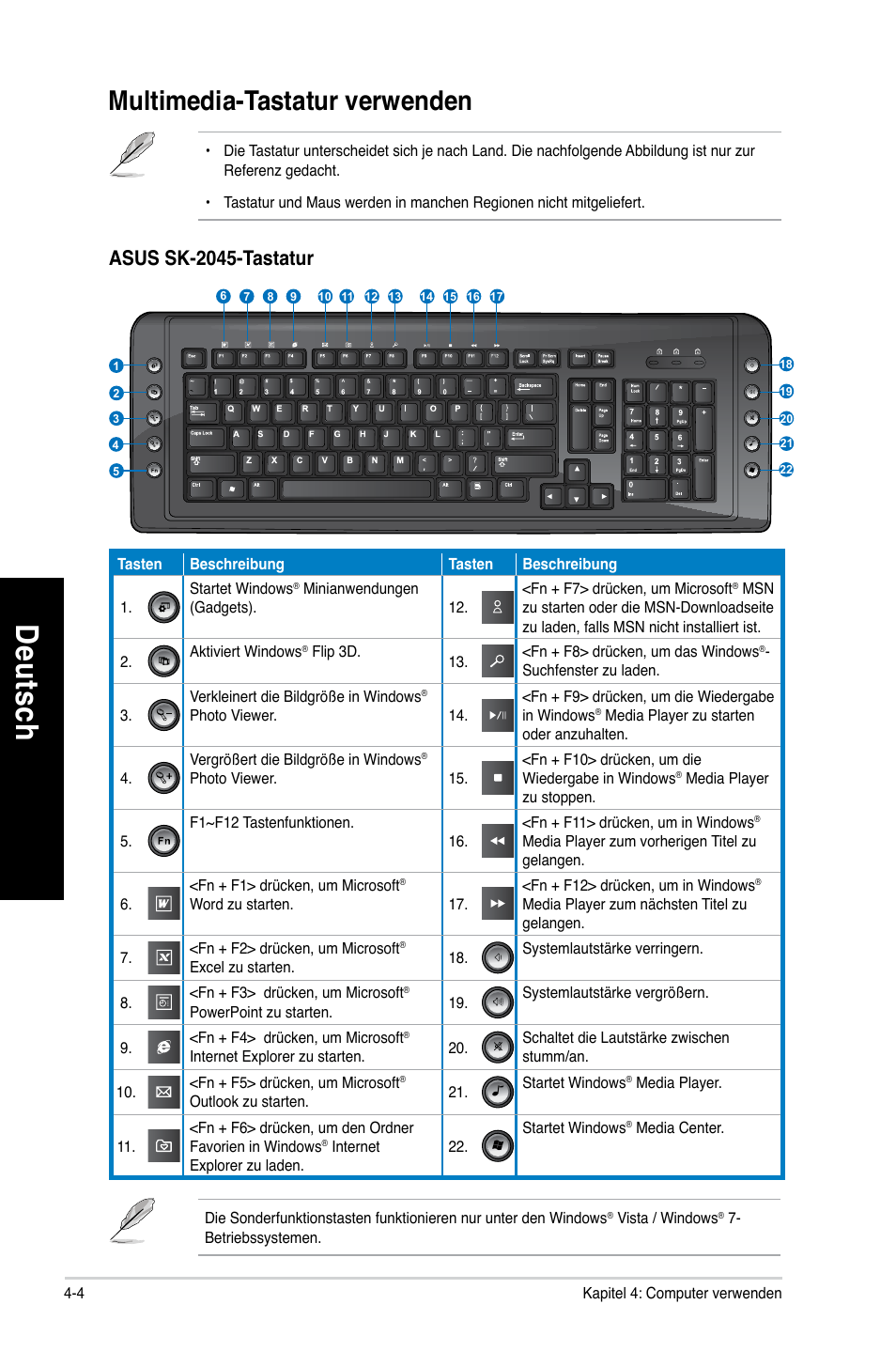 Multimedia-tastatur verwenden, Multimedia-tastatur verwenden -4, De uts ch de ut sc h | Asus sk-2045-tastatur | Asus CG8490 User Manual | Page 190 / 356