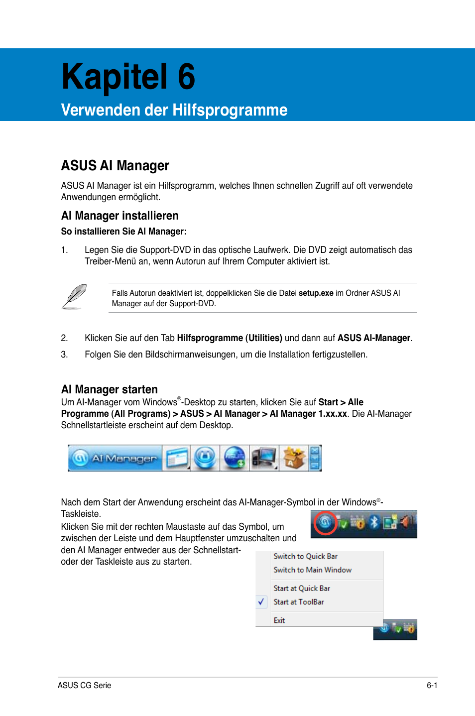 Kapitel 6, Verwenden der hilfsprogramme, Asus ai manager | Asus ai manager -1 | Asus CG8490 User Manual | Page 193 / 356