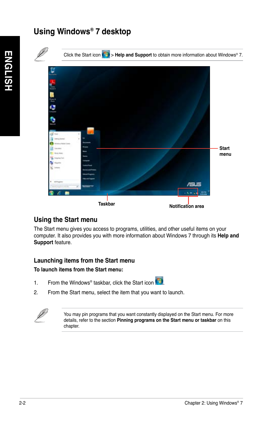 Using windows® 7 desktop, Using windows, 7 desktop -2 | En gl is h en gl is h en gl is h en gl is h, 7 desktop | Asus CG8490 User Manual | Page 22 / 356