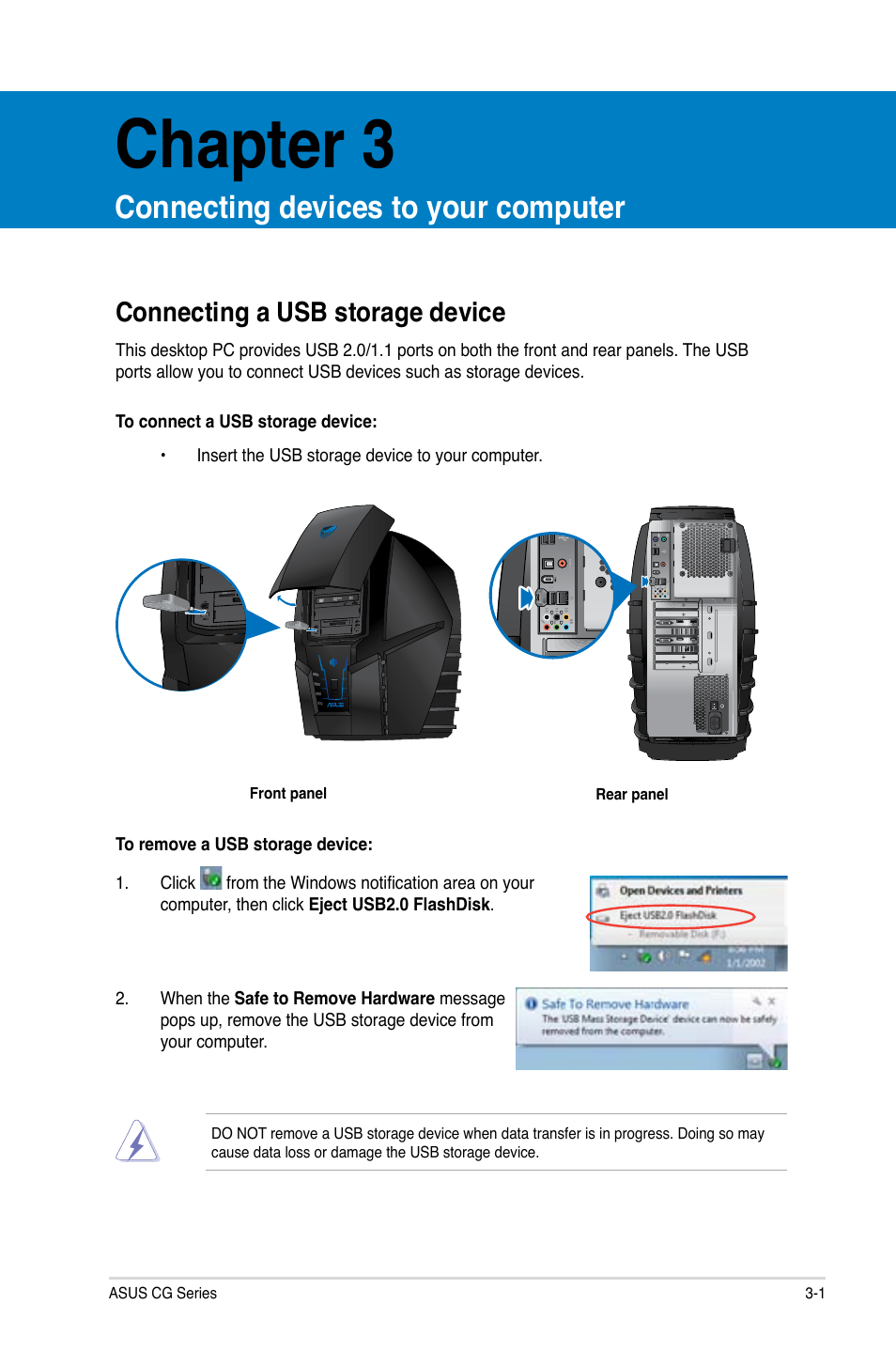 Chapter 3, Connecting devices to your computer, Connecting a usb storage device | Connecting a usb storage device -1 | Asus CG8490 User Manual | Page 37 / 356