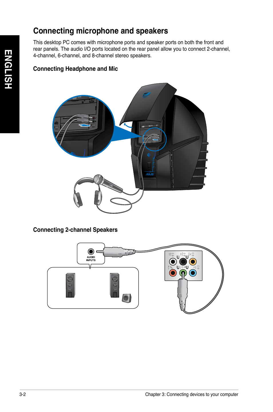 Connecting microphone and speakers, Connecting microphone and speakers -2, En gl is h en gl is h en gl is h en gl is h | Asus CG8490 User Manual | Page 38 / 356