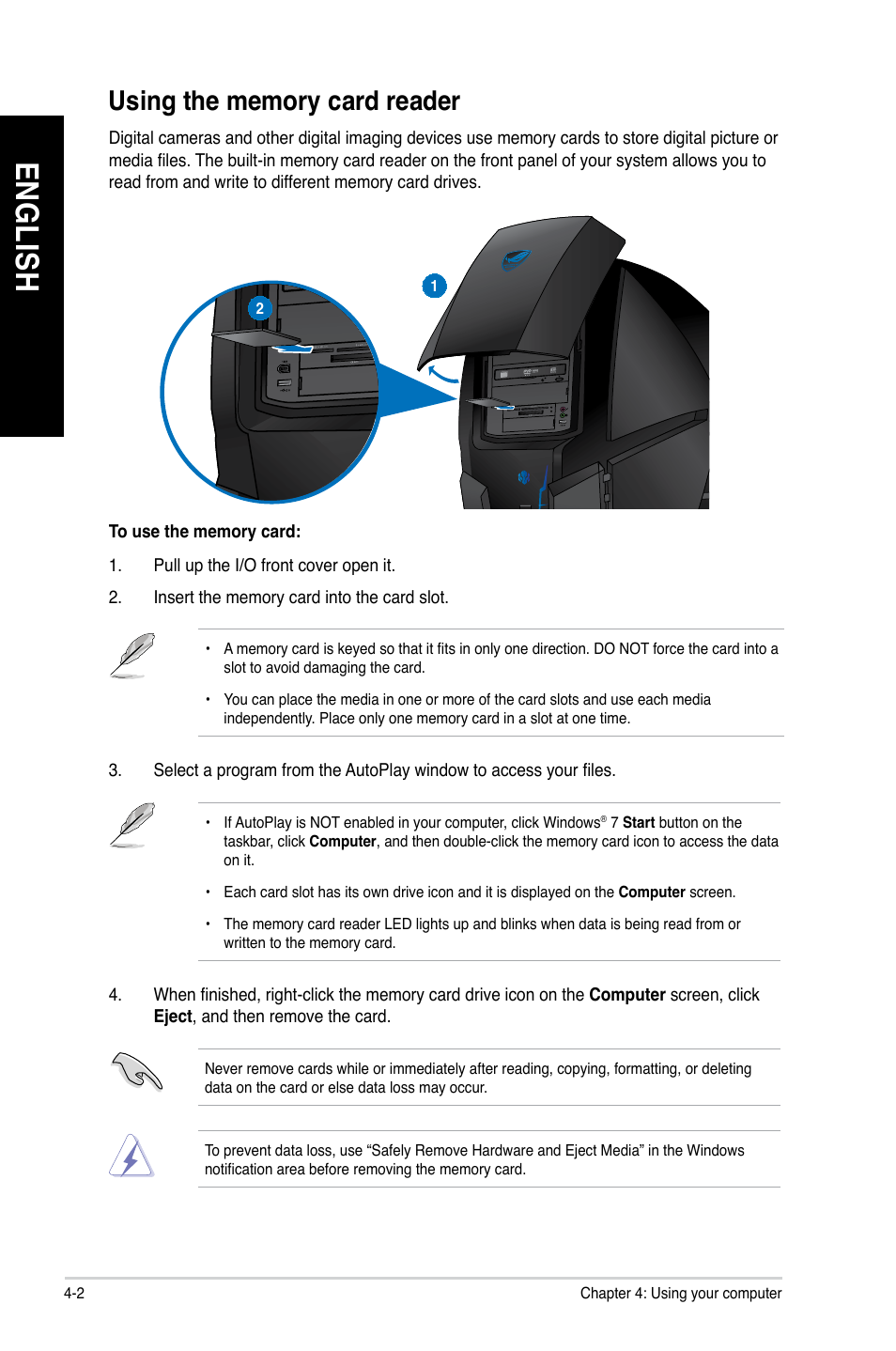 Using the memory card reader, Using the memory card reader -2, En gl is h en gl is h en gl is h en gl is h | Asus CG8490 User Manual | Page 44 / 356