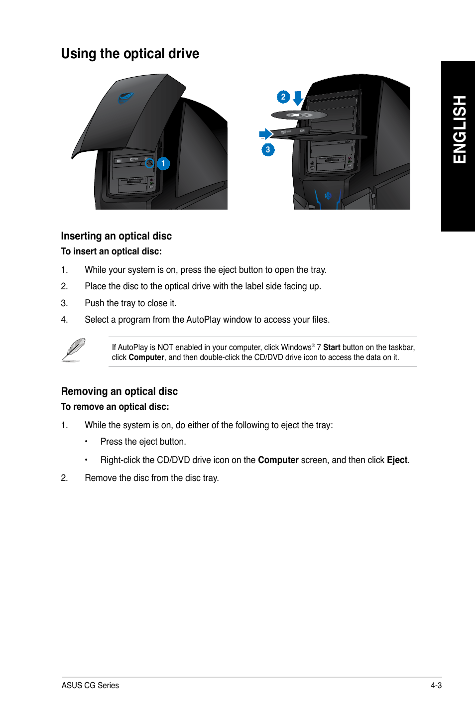 Using the optical drive, Using the optical drive -3, En gl is h en gl is h | Asus CG8490 User Manual | Page 45 / 356