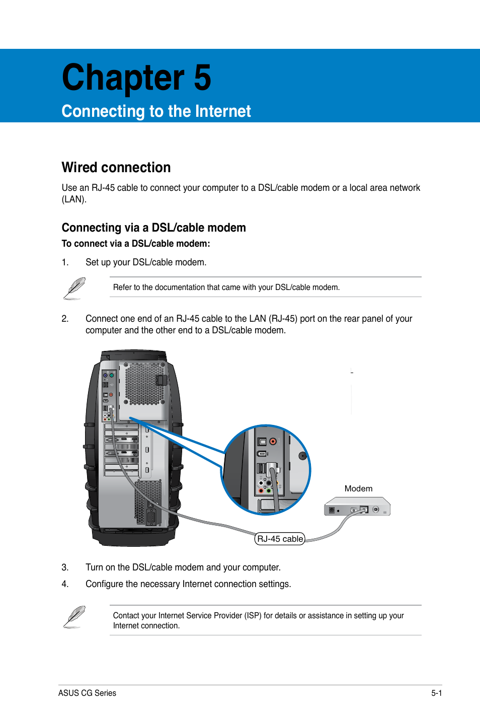 Chapter 5, Connecting to the internet, Wired connection | Wired connection -1 | Asus CG8490 User Manual | Page 47 / 356