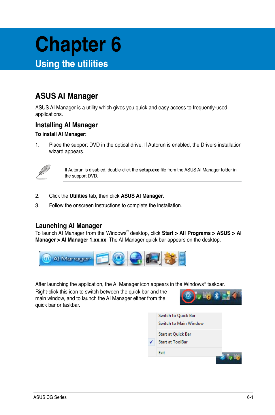 Chapter 6, Using the utilities, Asus ai manager | Asus ai manager -1 | Asus CG8490 User Manual | Page 49 / 356