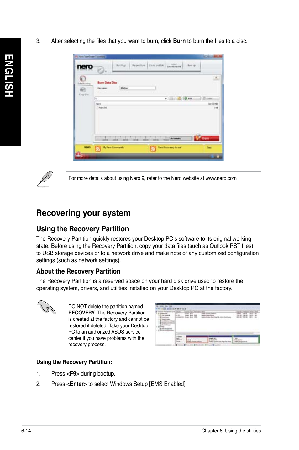 Recovering your system, Recovering your system -14, En gl is h en gl is h en gl is h en gl is h | Asus CG8490 User Manual | Page 62 / 356