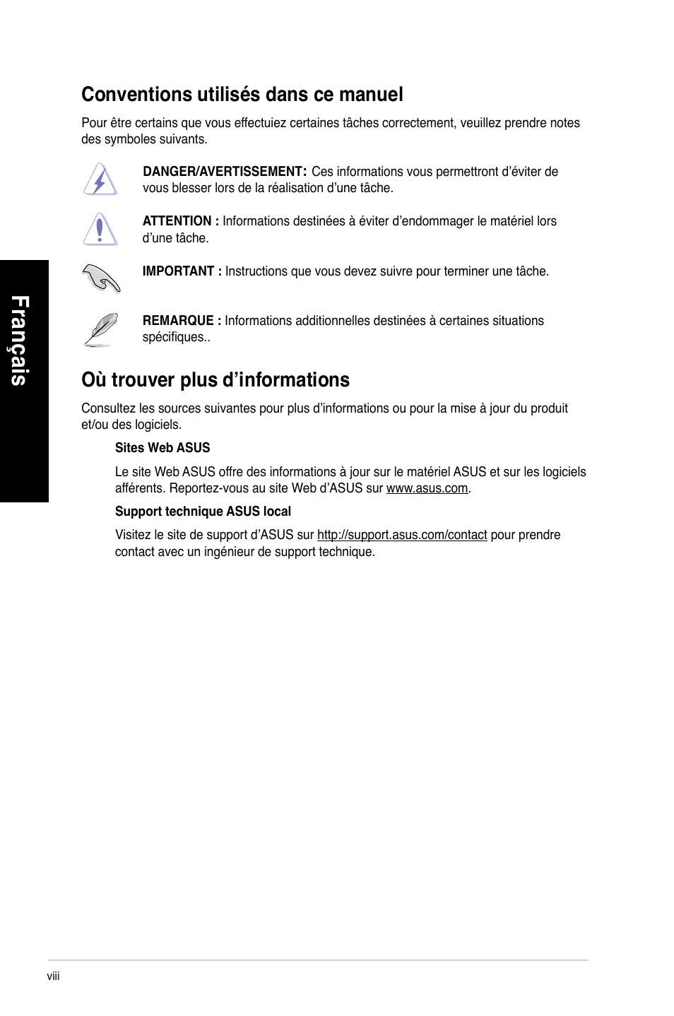 Conventions utilisés dans ce manuel, Où trouver plus d’informations, Fra nç ais fr an ça is fra nç ais fr an ça is | Asus CG8490 User Manual | Page 80 / 356