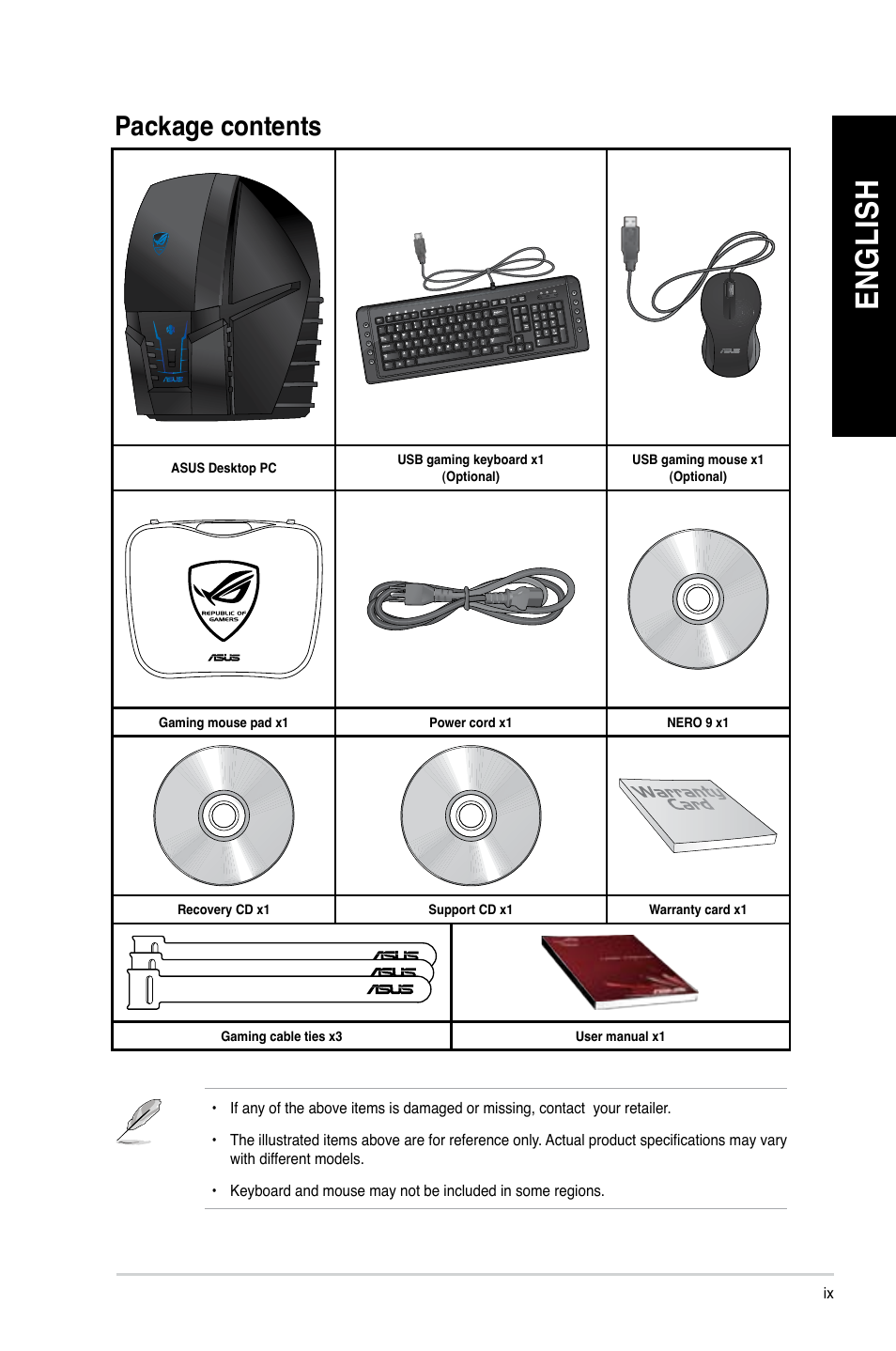 Package contents, En gl is h en gl is h en gl is h en gl is h | Asus CG8490 User Manual | Page 9 / 356